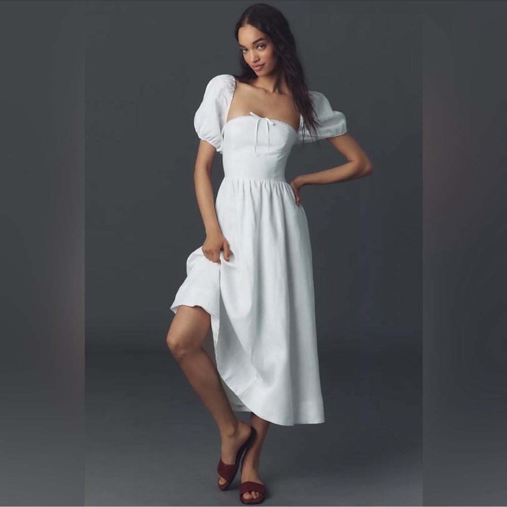 Reformation Marella Linen Puff-Sleeve Dress Size 10 B943